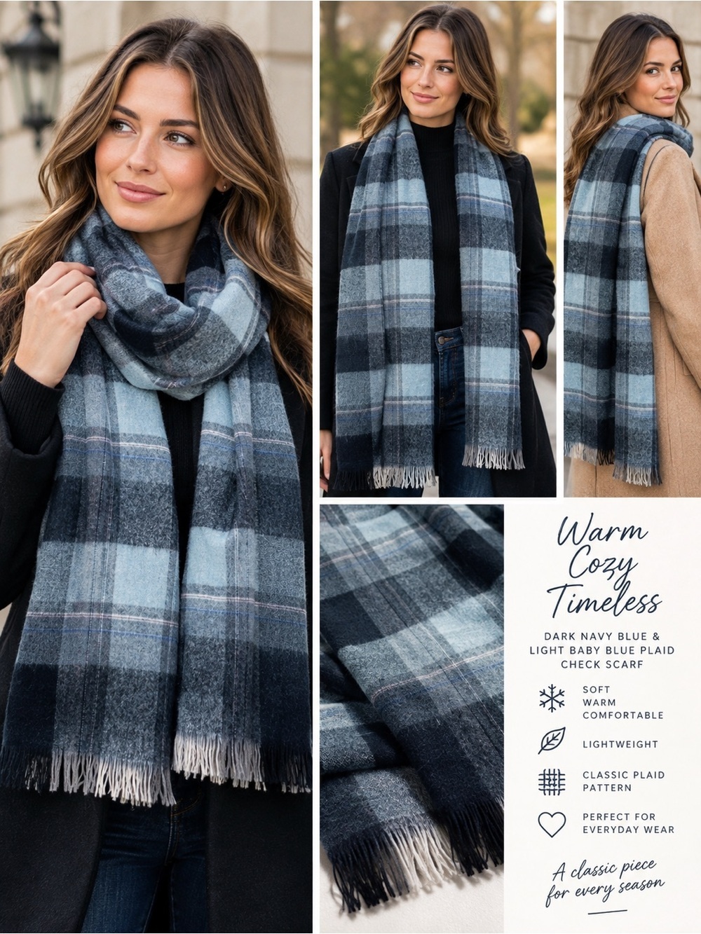 Dark navy blue and light baby blue plaid check fall winter scarf unisex๐ฅ